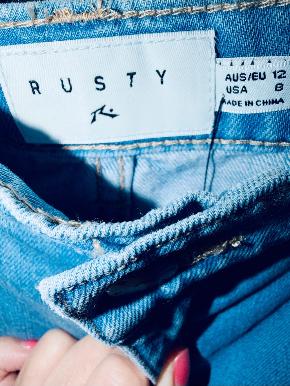 Rusty Australia Blue Denim Frayed Hem Mini Skirt, Size 8 - Picture 4 of 4